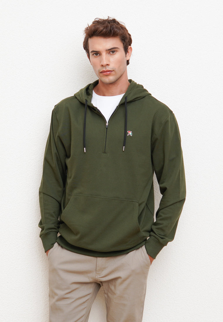 Olive Green Hoodie with Zipper and Hoodie Top Detail