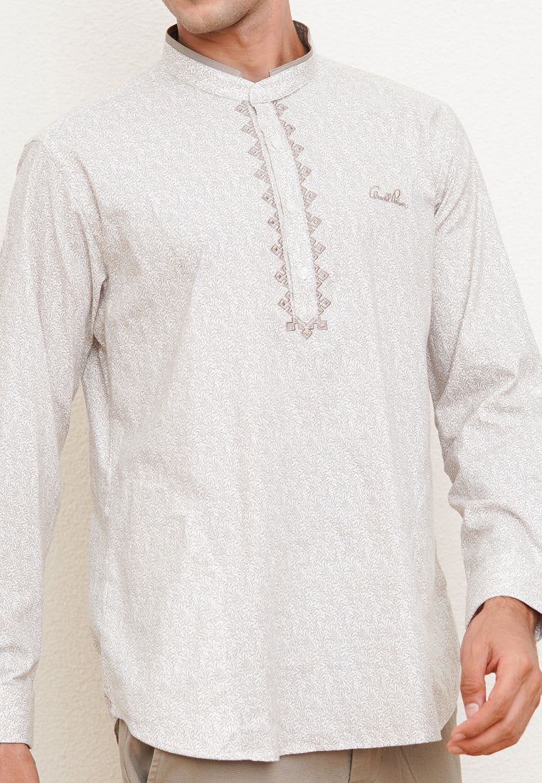 Cream Leaf Motif Men's Long Sleeve Embroidery Detail Festive Shirt