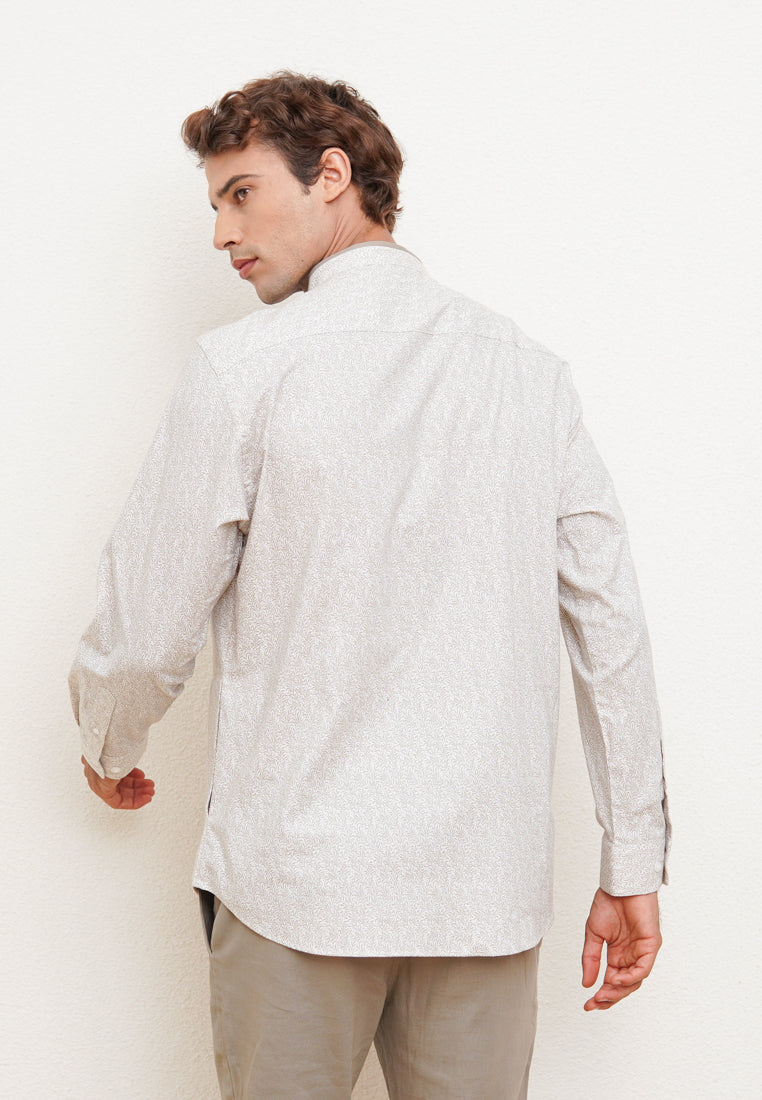 Cream Leaf Motif Men's Long Sleeve Embroidery Detail Festive Shirt