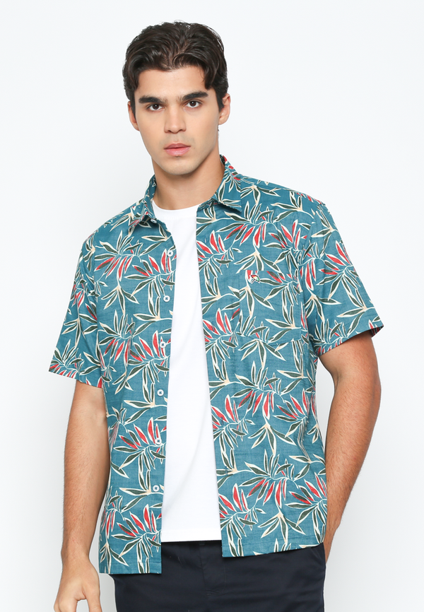 Men'S Blue Short Sleeve Shirt With Leaf Motif