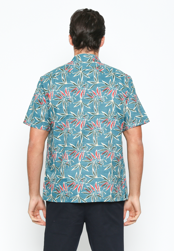 Men'S Blue Short Sleeve Shirt With Leaf Motif