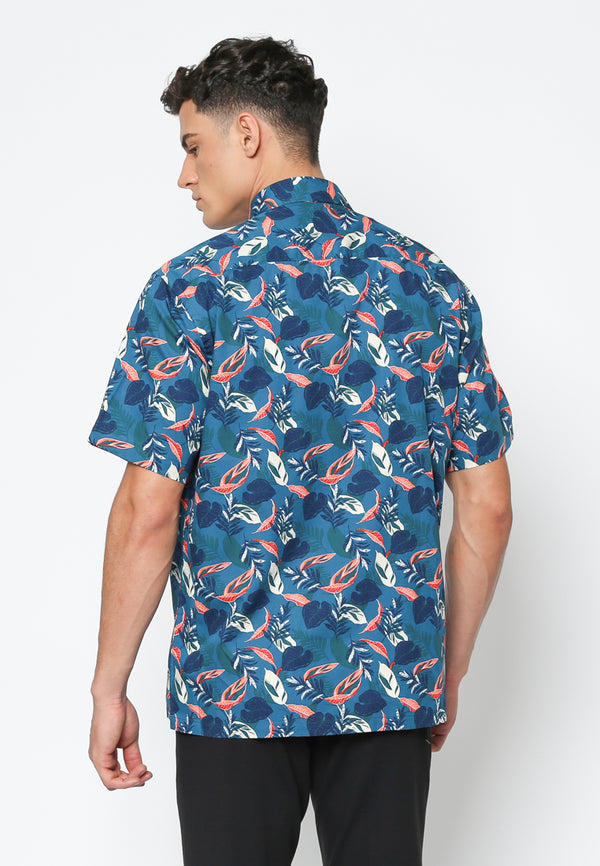Blue Short Sleeve Men's Shirt with Leaf Pattern