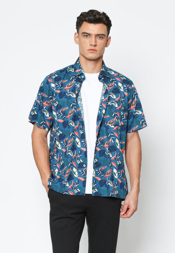 Blue Short Sleeve Men's Shirt with Leaf Pattern