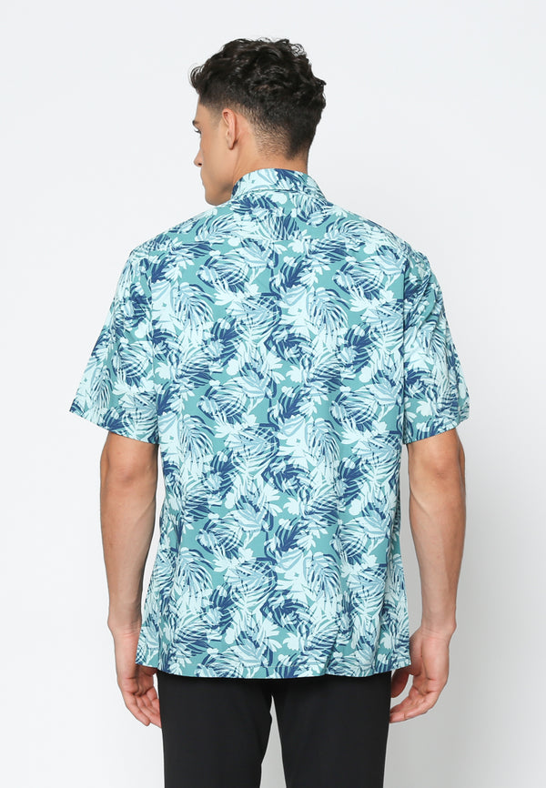 Green Short Sleeve Men's Shirt with Leaf Pattern
