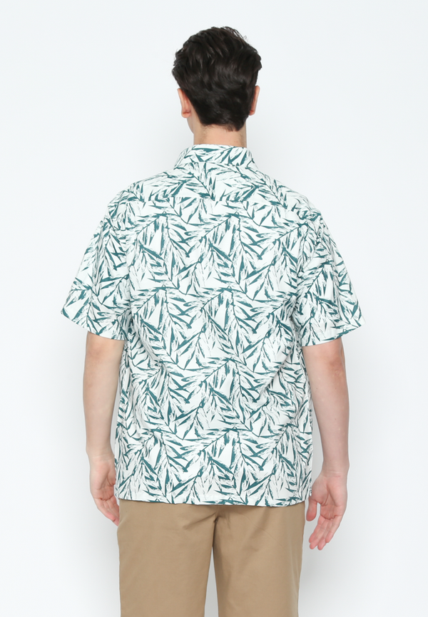 Short Sleeve Linen Shirt With Leaf Motif For Men