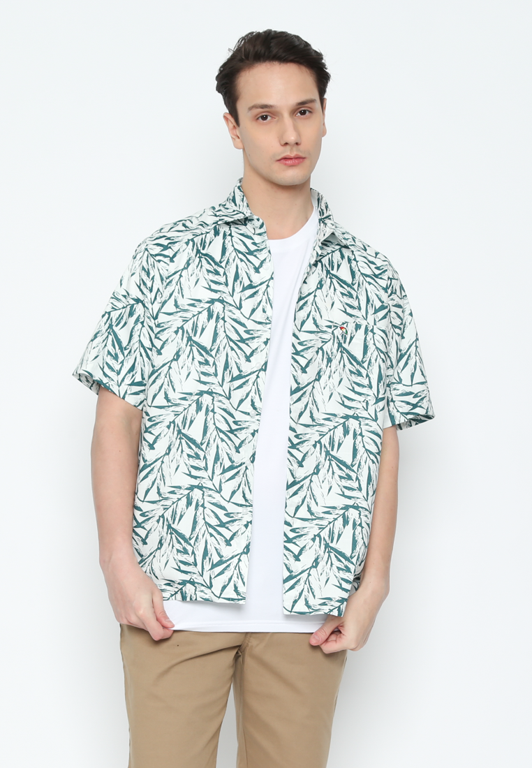 Short Sleeve Linen Shirt With Leaf Motif For Men