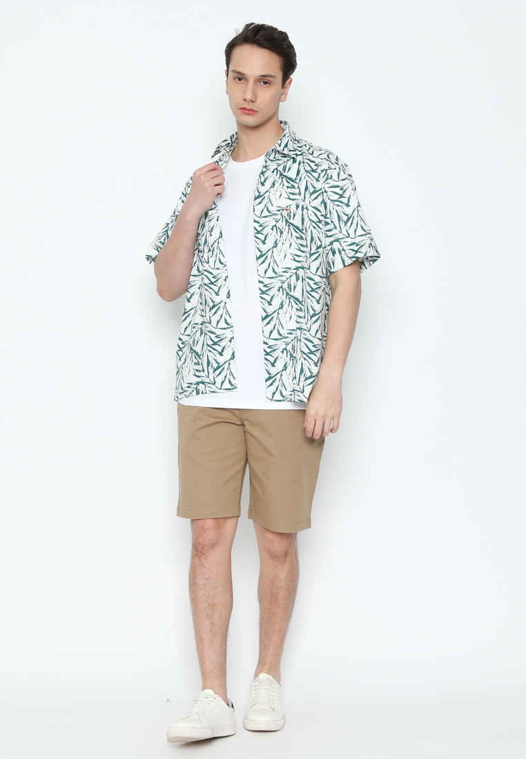 Short Sleeve Linen Shirt With Leaf Motif For Men