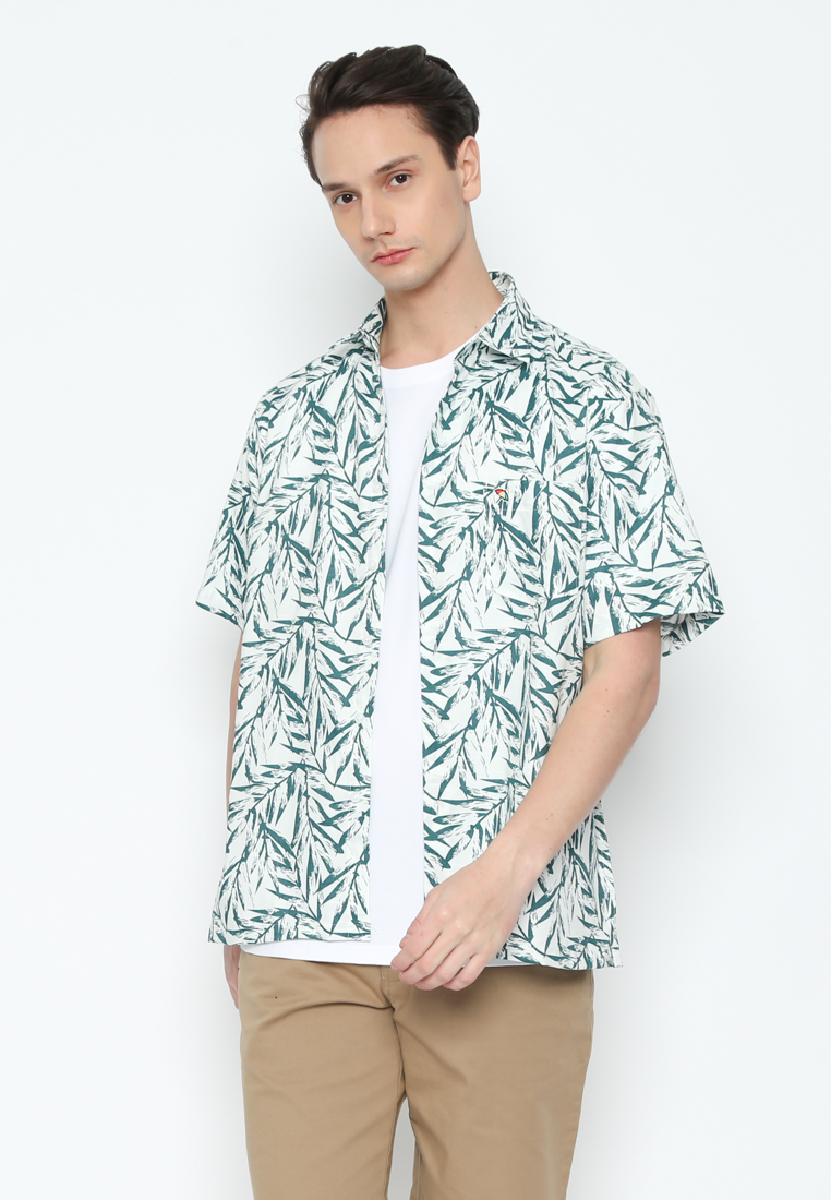 Short Sleeve Linen Shirt With Leaf Motif For Men