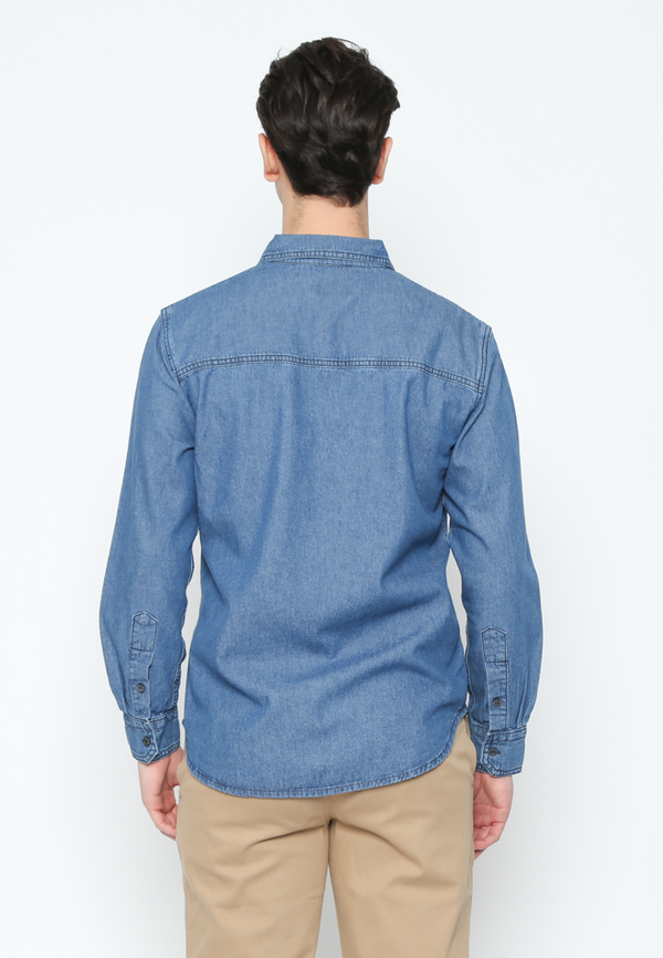 Men'S Long Sleeve Shirt Regular Fit Blue Denim