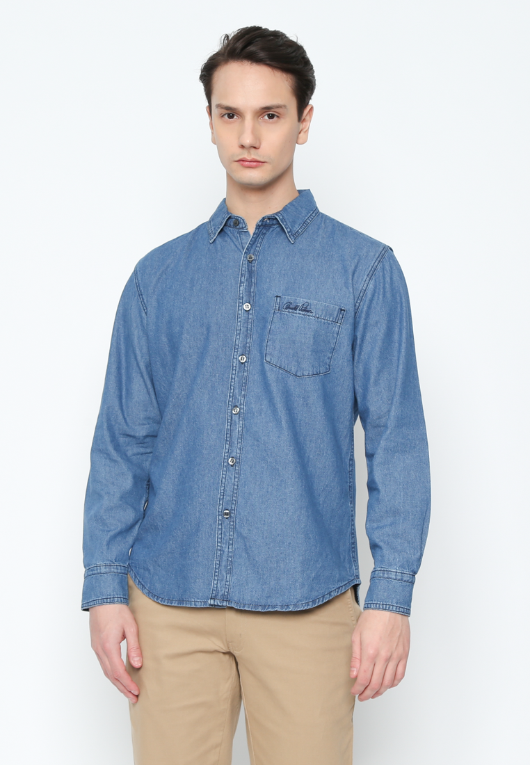 Men'S Long Sleeve Shirt Regular Fit Blue Denim