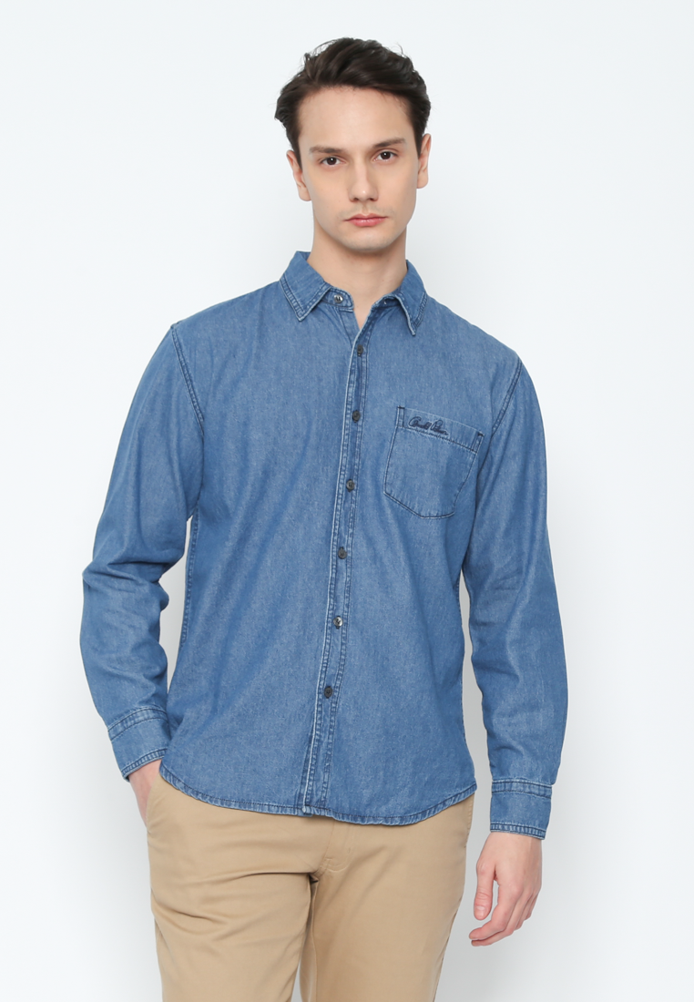 Men'S Long Sleeve Shirt Regular Fit Blue Denim