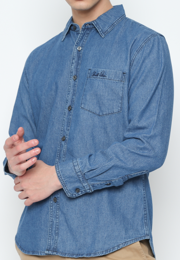 Men'S Long Sleeve Shirt Regular Fit Blue Denim