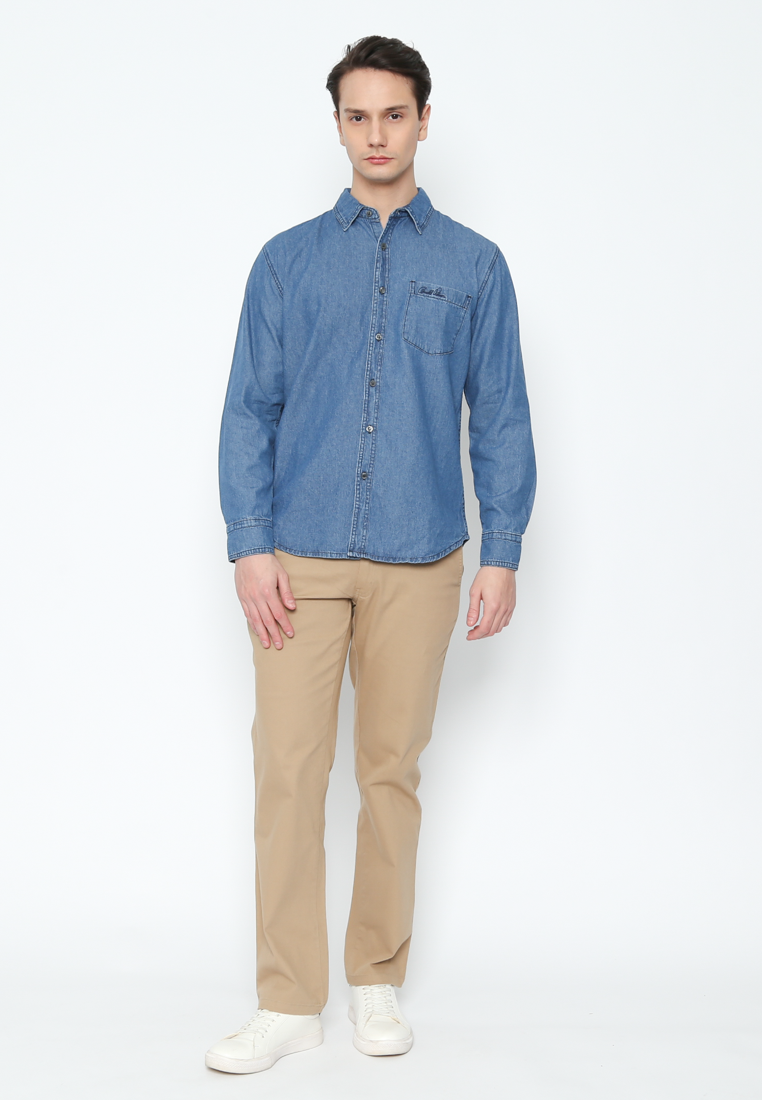 Men'S Long Sleeve Shirt Regular Fit Blue Denim