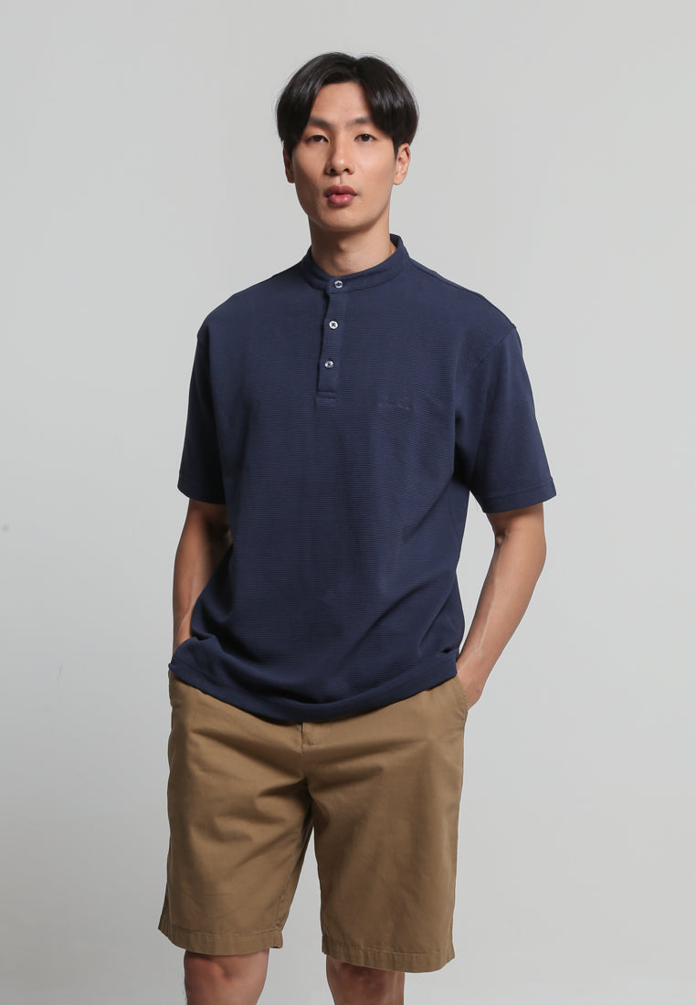 Navy Texture Stand Collar Polo Shirt
