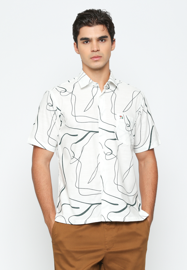 Men'S White Patterned Short Sleeve Linen Shirt