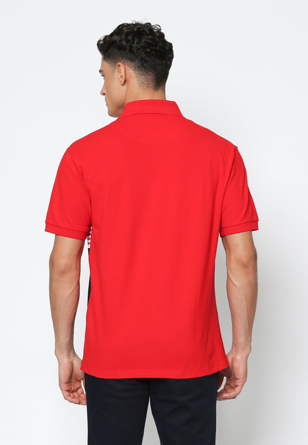 Red Polo Shirt with Color Block Print Detail