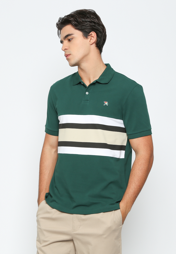 Men'S Green Short Sleeve Polo Shirt With Stripes