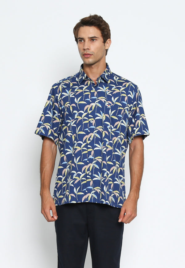 Blue Short Sleeve Shirt with Leaf Pattern