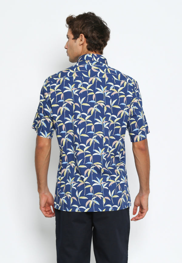 Blue Short Sleeve Shirt with Leaf Pattern