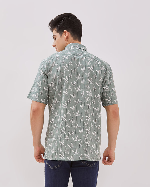 Men's Green Leaf Printed Short Sleeve Shirt
