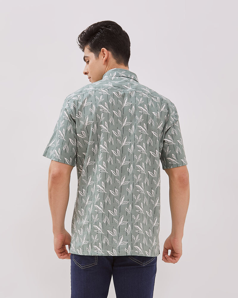Men's Green Leaf Printed Short Sleeve Shirt