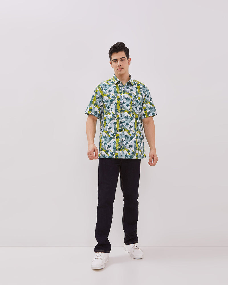 Men's Green Printed Short Sleeve Shirt
