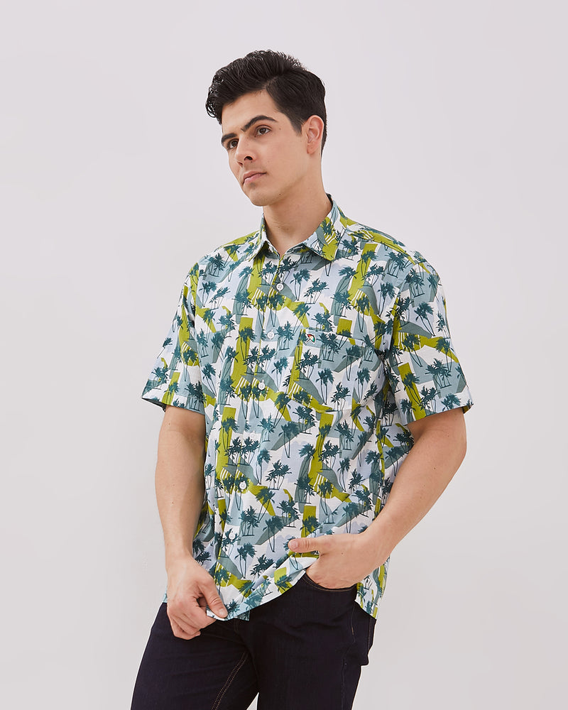 Men's Green Printed Short Sleeve Shirt