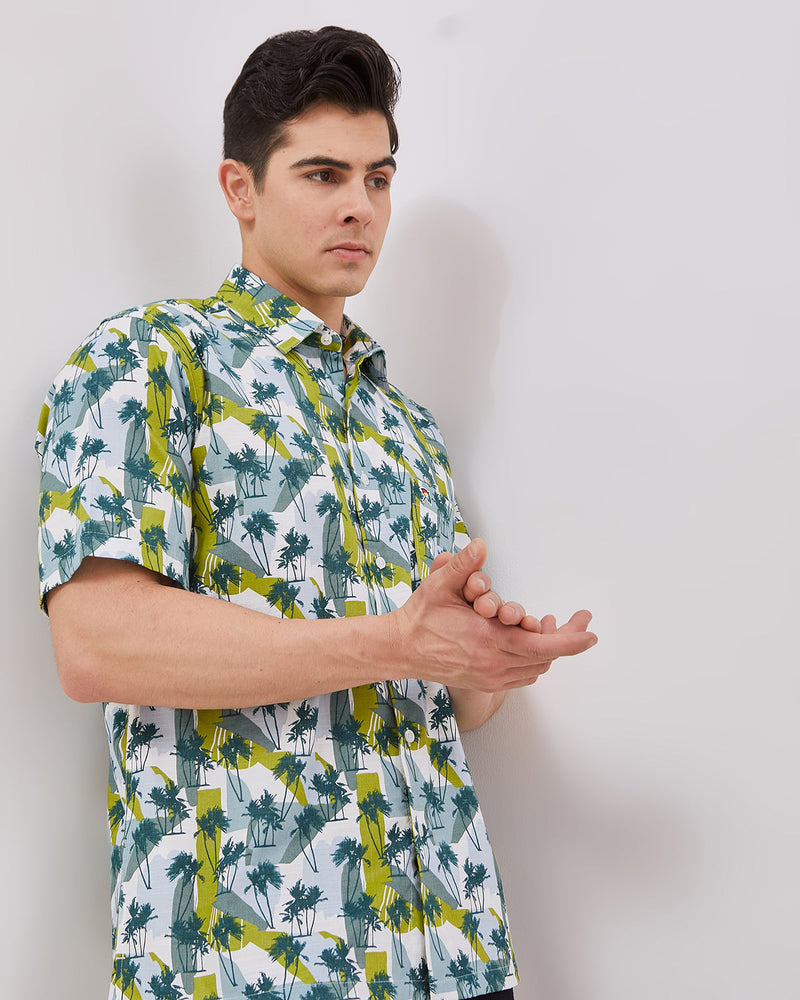 Men's Green Printed Short Sleeve Shirt