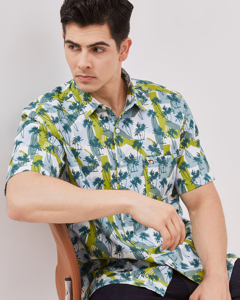 Men's Green Printed Short Sleeve Shirt