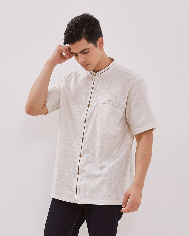 Men'S Short Sleeved Stand Collar Beige Shirt