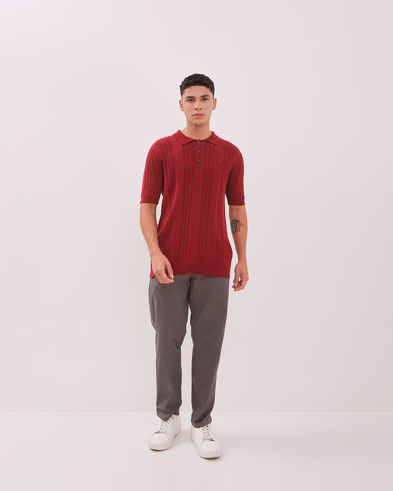 Men's Cable Knit Maroon Polo Shirt
