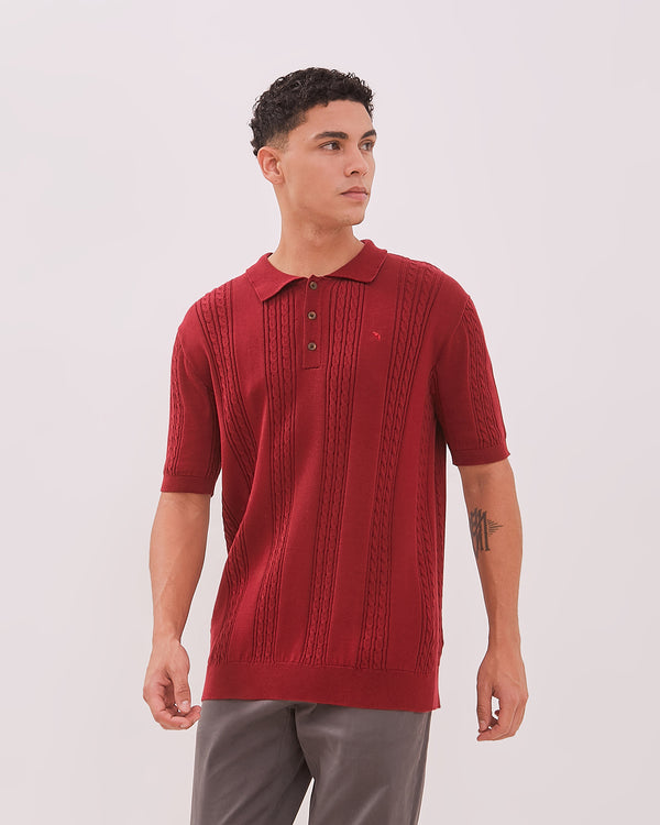 Men's Cable Knit Maroon Polo Shirt