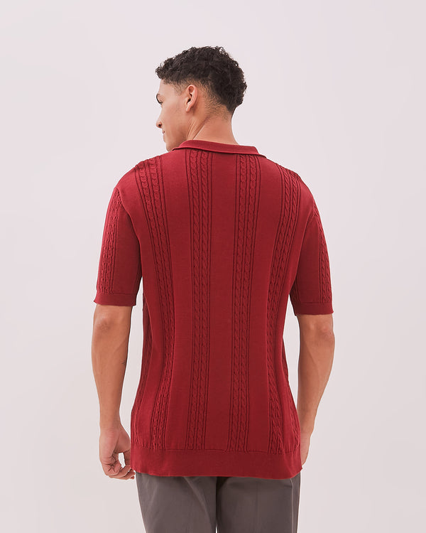 Men's Cable Knit Maroon Polo Shirt