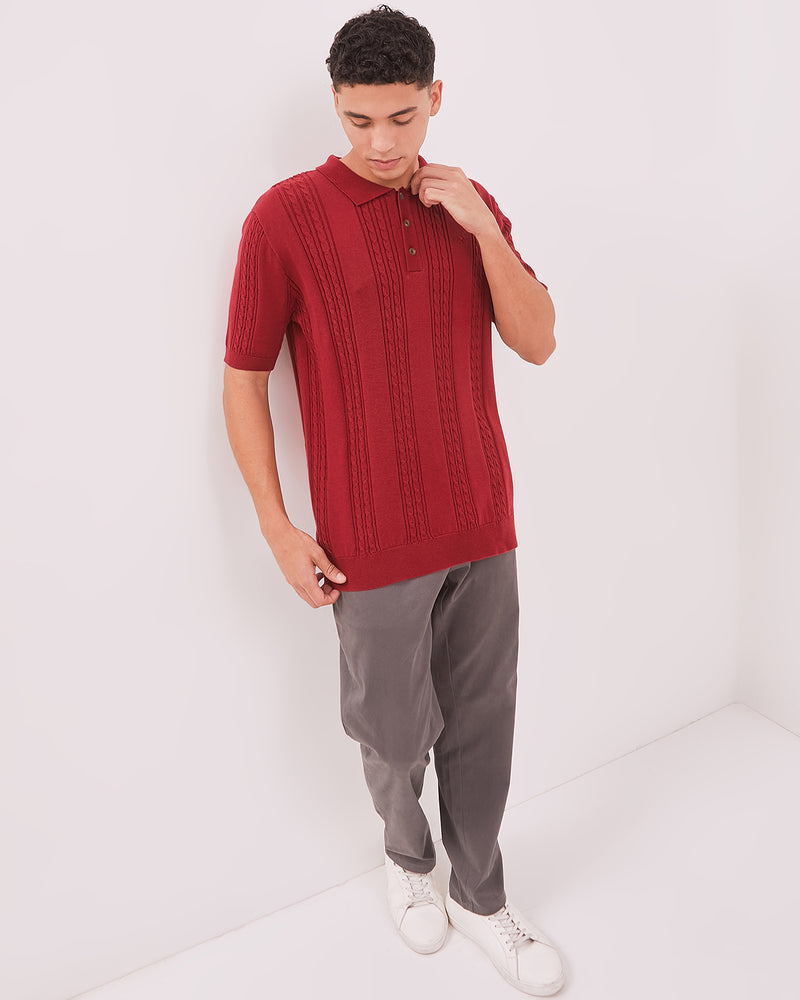 Men's Cable Knit Maroon Polo Shirt
