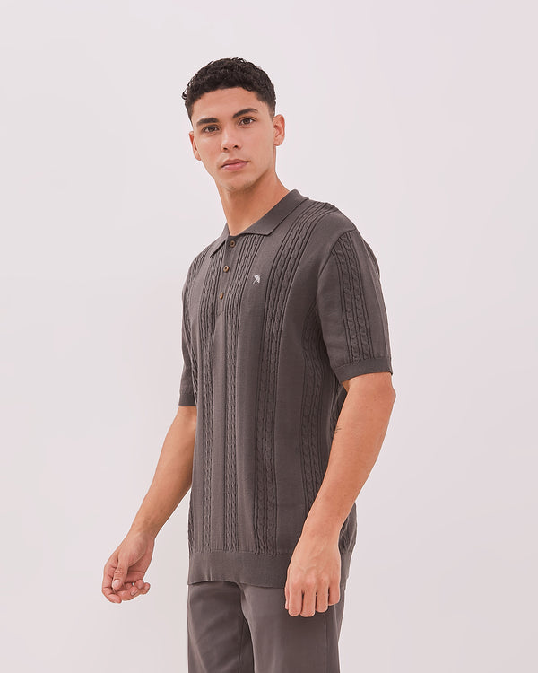 Men's Gray Cable Knit Polo Shirt