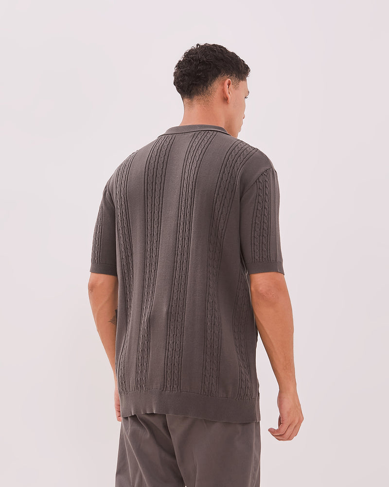 Men's Gray Cable Knit Polo Shirt