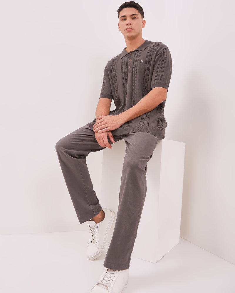 Men's Gray Cable Knit Polo Shirt