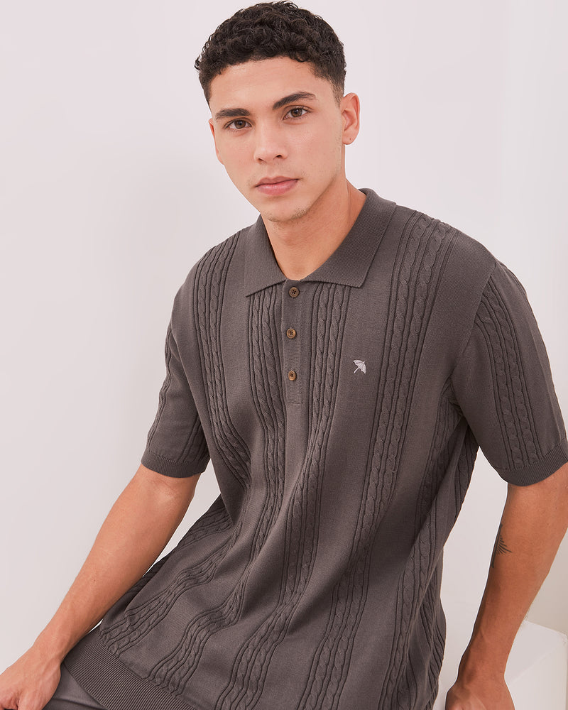 Men's Gray Cable Knit Polo Shirt