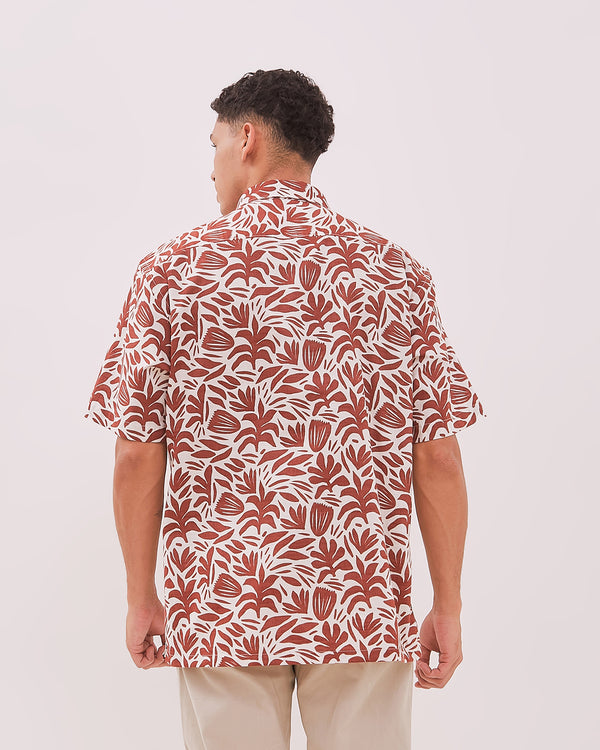 Men's Brown Printed Short Sleeve Linen Shirt