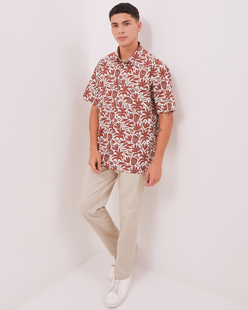 Men's Brown Printed Short Sleeve Linen Shirt