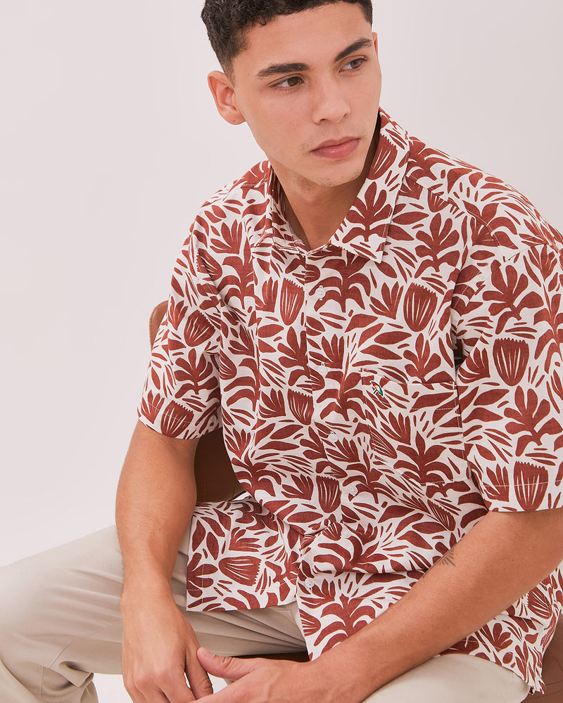 Men's Brown Printed Short Sleeve Linen Shirt