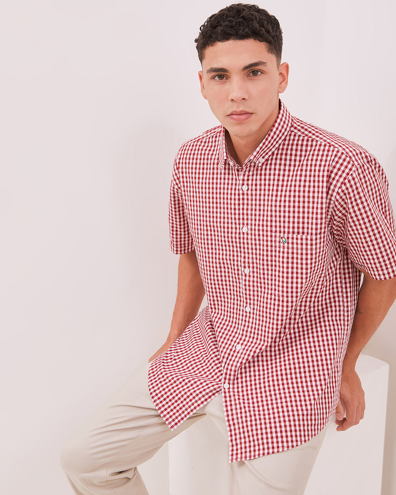 Men's Red Plaid Short Sleeve Shirt
