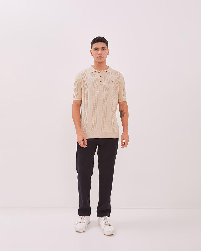 Men's Cable Knit Cream Polo Shirt