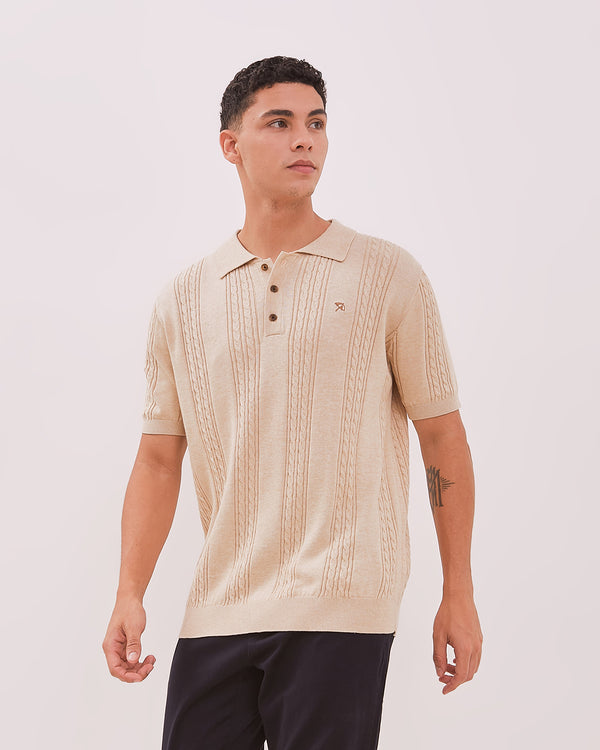 Men's Cable Knit Cream Polo Shirt