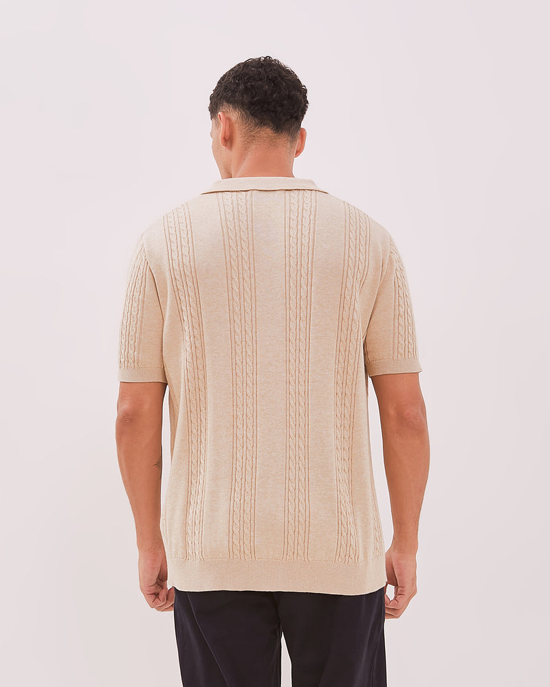 Men's Cable Knit Cream Polo Shirt