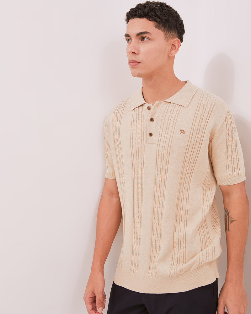 Men's Cable Knit Cream Polo Shirt
