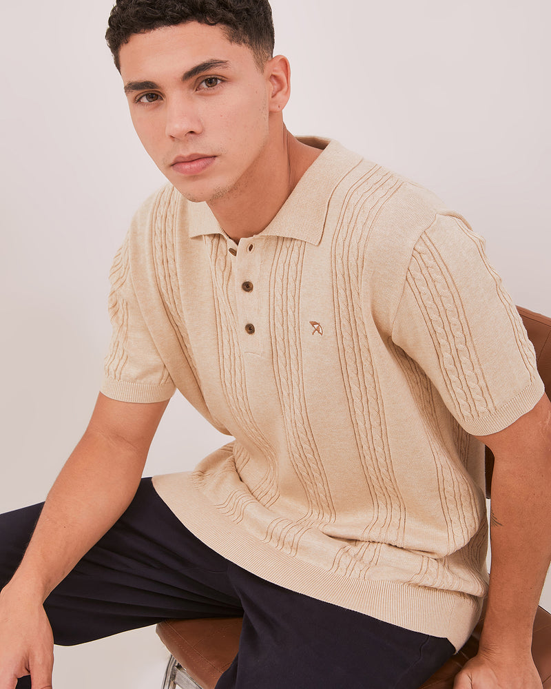 Men's Cable Knit Cream Polo Shirt