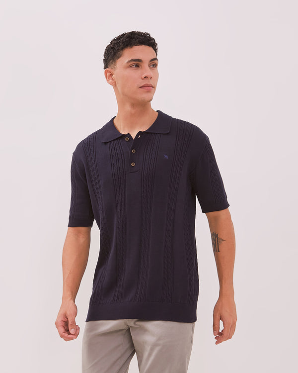 Men's Navy Blue Cable Knit Polo Shirt