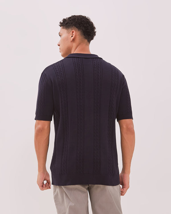 Men's Navy Blue Cable Knit Polo Shirt