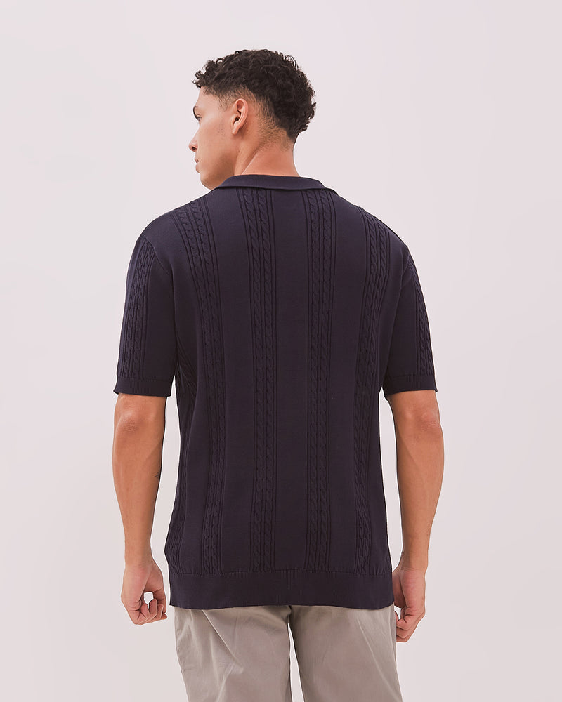 Men's Navy Blue Cable Knit Polo Shirt